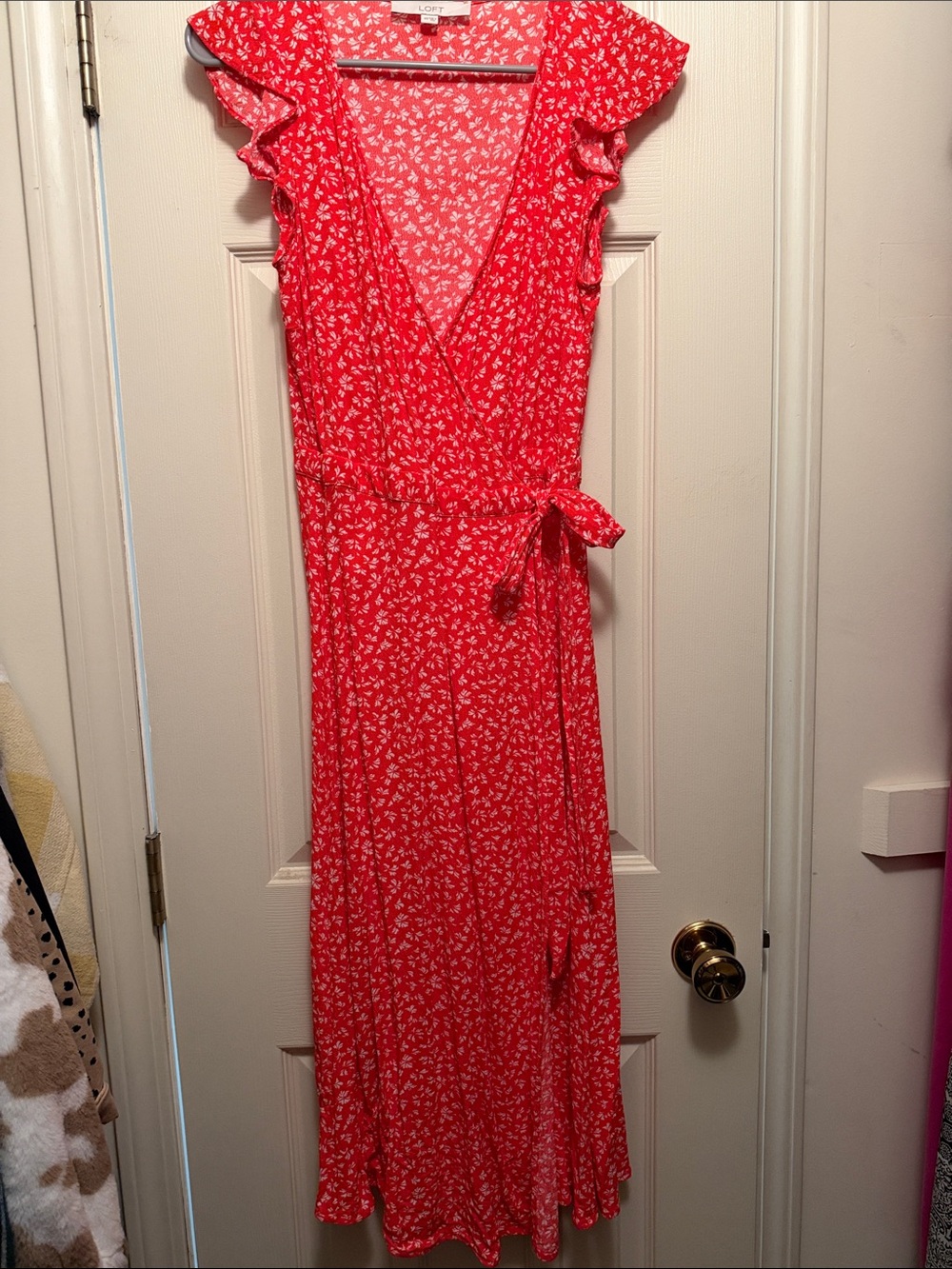 LOFT Red Floral Wrap Maxi Dress with White Print